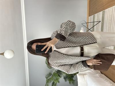Kolları Deri Detaylı Kahve Puantiye Yün Ceket 