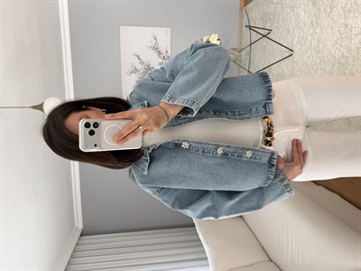 Kristal Düğmeli Denim Ceket