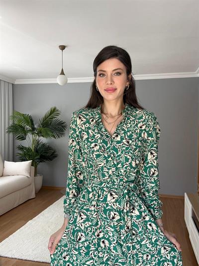 Kuşak Detaylı Yeşil Desenli Elbise 
