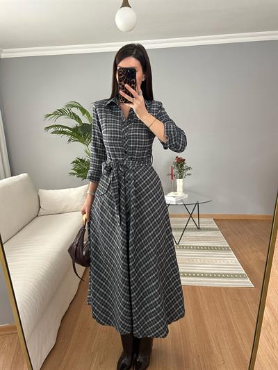 Kuşaklı Lacivert Ekose Elbise