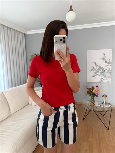 Lacivert Çizgili Denim Şort