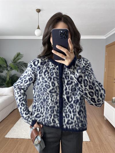 Lacivert Leopar Yün Hırka 