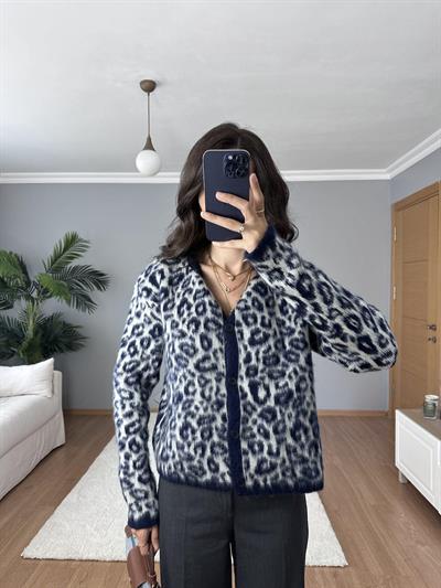 Lacivert Leopar Yün Hırka 