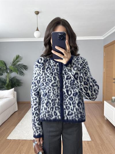Lacivert Leopar Yün Hırka 