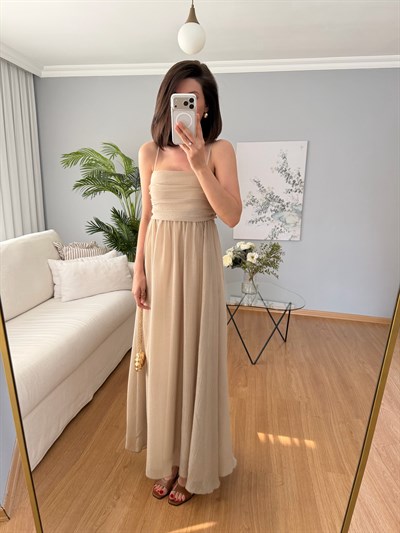 Lea İp Askılı Bej Rengi Elbise 