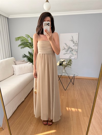 Lea İp Askılı Bej Rengi Elbise 