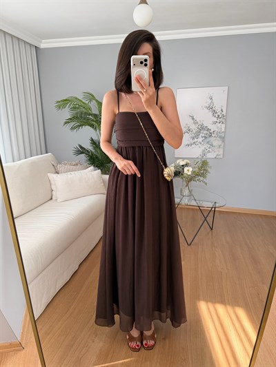 Lea İp Askılı Kahve Rengi Elbise 