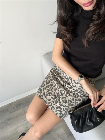 Leopar Desenli Denim Etek 