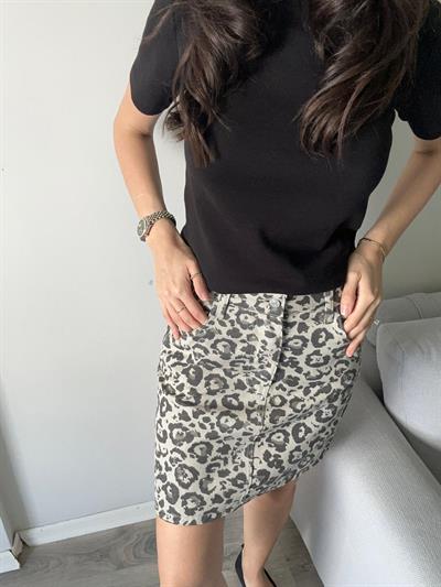 Leopar Desenli Denim Etek 