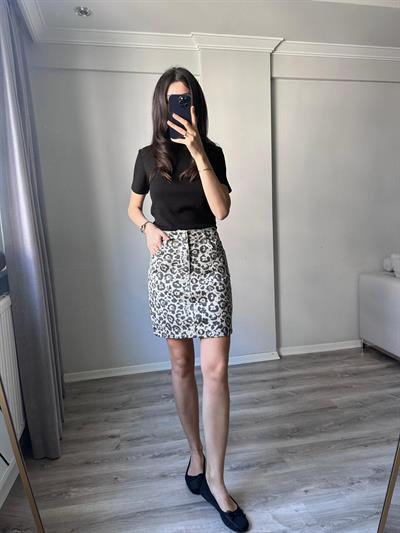 Leopar Desenli Denim Etek 