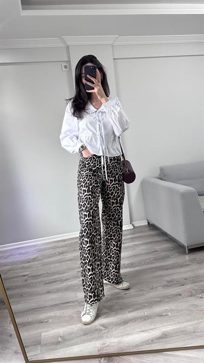 Leopar Desenli Denim Pantolon 