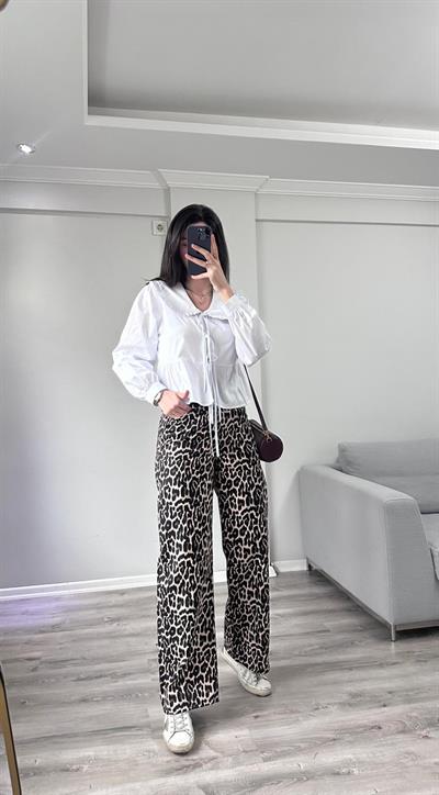 Leopar Desenli Denim Pantolon 