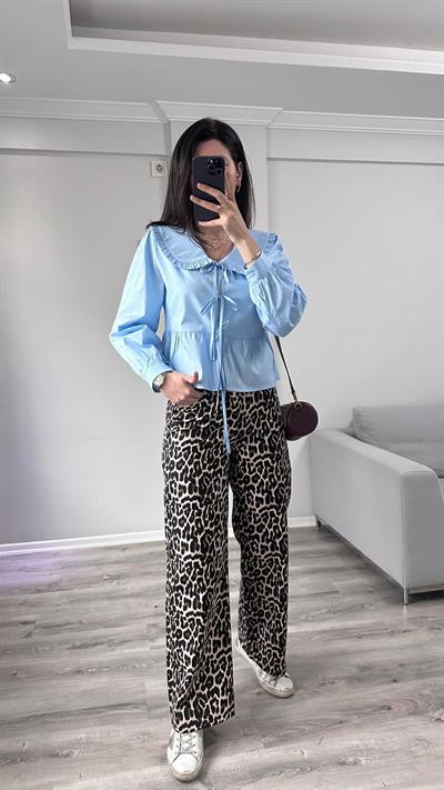 Leopar Desenli Denim Pantolon 