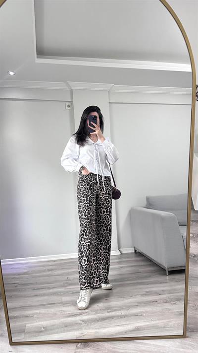 Leopar Desenli Denim Pantolon 