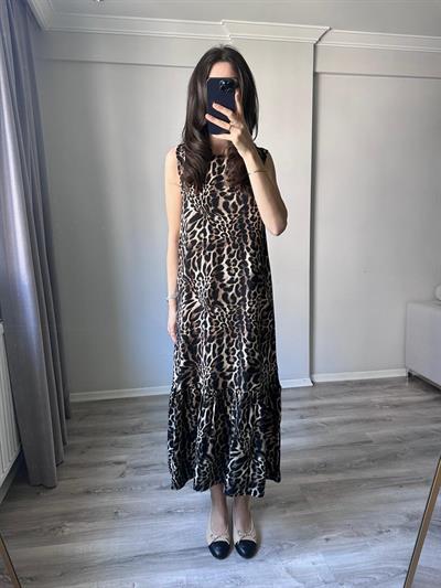 Leopar Desenli Maxi Elbise 