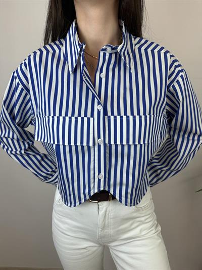 LILI LACİVERT ÇİZGİLİ CROP GÖMLEK 