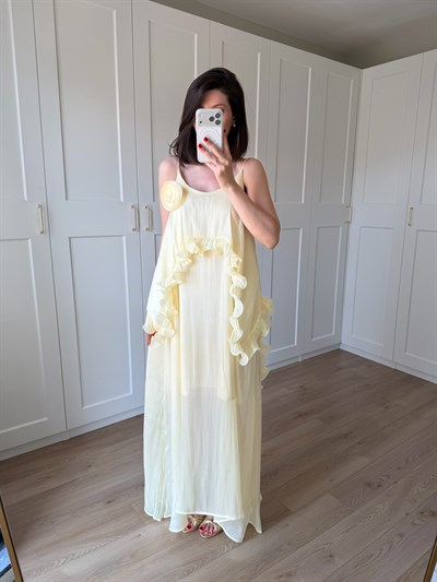 Liva Gül Detaylı Sarı Renk Elbise