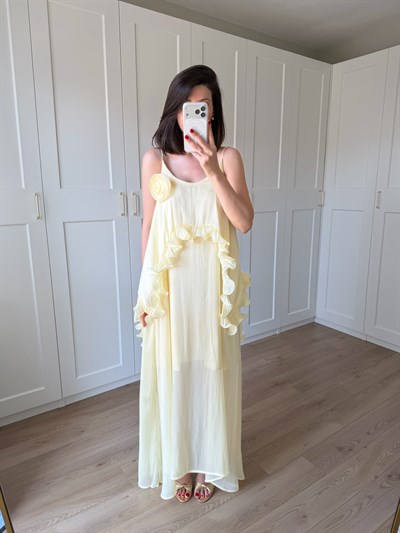 Liva Gül Detaylı Sarı Renk Elbise
