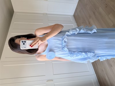 Liva Gül Detaylı Mavi Renk Elbise