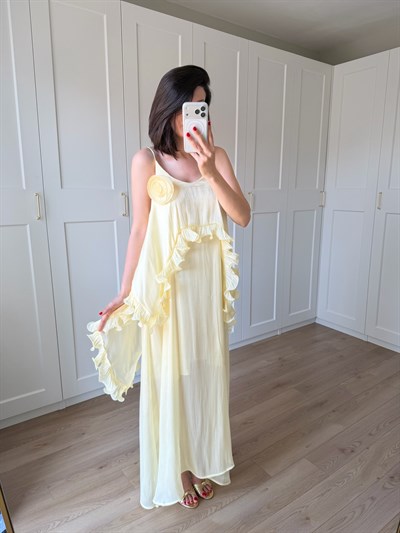 Liva Gül Detaylı Sarı Renk Elbise