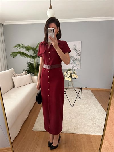 Lushe Kemerli Bordo Renk Elbise