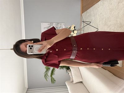 Lushe Kemerli Bordo Renk Elbise