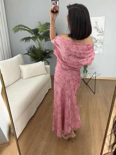Marfil Saten Dokulu Pembe Elbise 