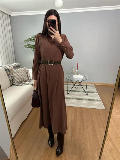 Maria Süet Kemerli Kahve Tensel Elbise
