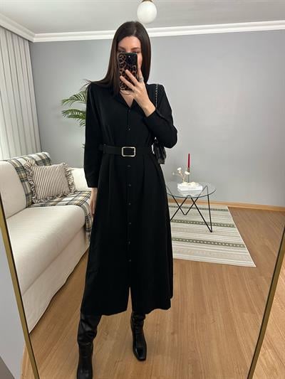 Maria Süet Kemerli Siyah Tensel Elbise