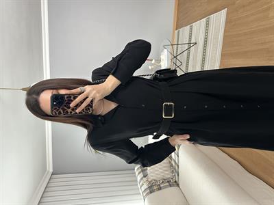 Maria Süet Kemerli Siyah Tensel Elbise