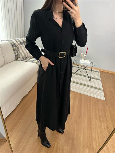 Maria Süet Kemerli Siyah Tensel Elbise