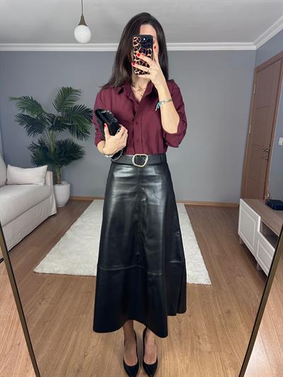 Maxi Siyah Deri Etek