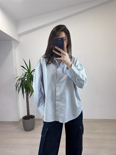 MELINA PAMUKLU ÇİZGİLİ MAVİ GÖMLEK 