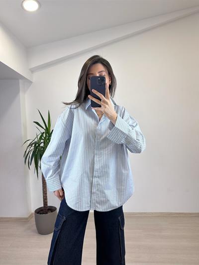 MELINA PAMUKLU ÇİZGİLİ MAVİ GÖMLEK 