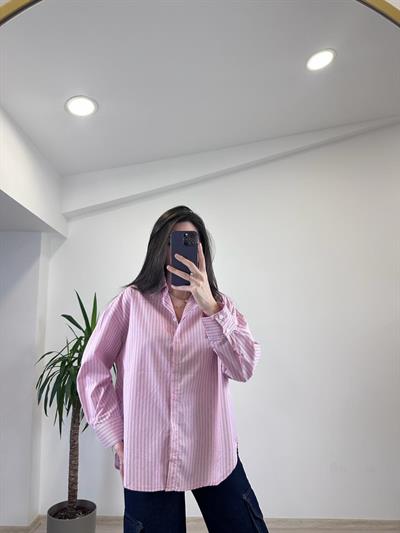 MELINA PAMUKLU PEMBE ÇİZGİLİ GÖMLEK 