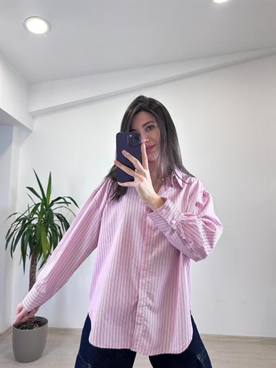 MELINA PAMUKLU PEMBE ÇİZGİLİ GÖMLEK 