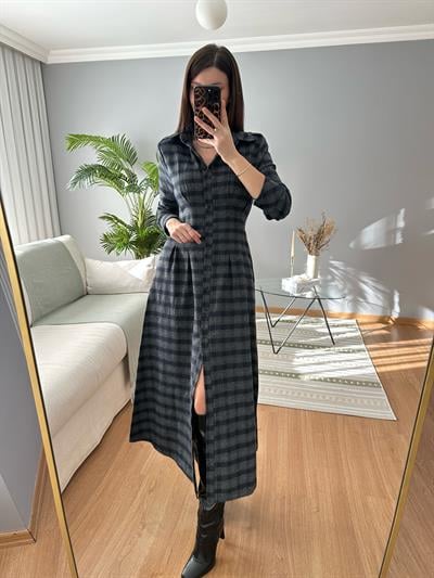 Mindy Lacivertli Ekose Elbise