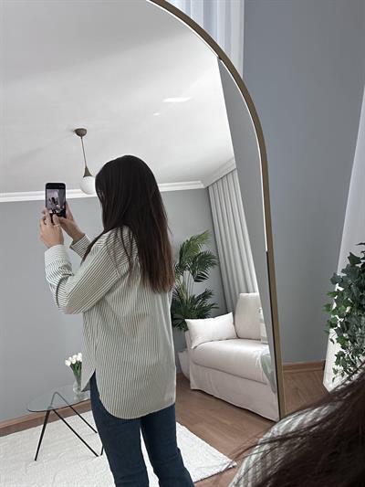 Mint Yeşili Çizgili Keten Gömlek 