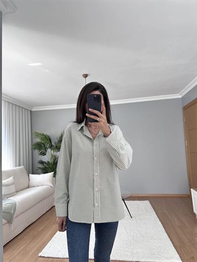 Mint Yeşili Çizgili Keten Gömlek 