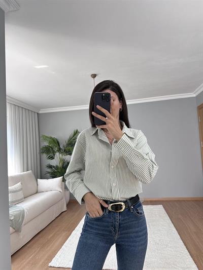 Mint Yeşili Çizgili Keten Gömlek 