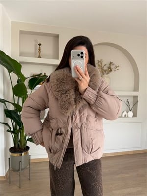 Mocka Kürk Yaka Koyu Bej Rengi Şişme Mont