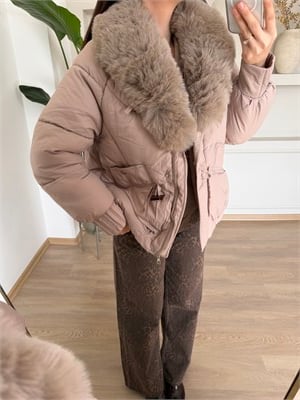 Mocka Kürk Yaka Koyu Bej Rengi Şişme Mont