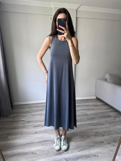 Modal Kumaş Rahat Kesim Gri Yıkamalı Elbise 