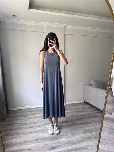 Modal Kumaş Rahat Kesim Gri Yıkamalı Elbise 