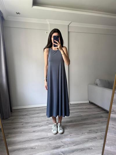 Modal Kumaş Rahat Kesim Gri Yıkamalı Elbise 