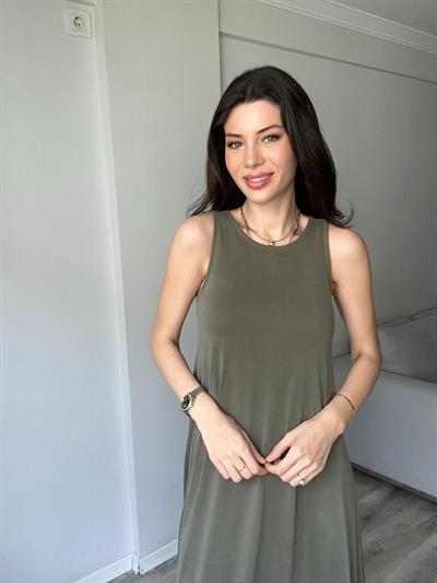 Modal Kumaş Rahat Kesim Haki Elbise 