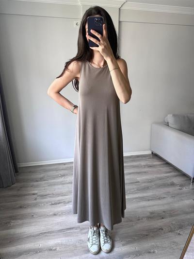 Modal Kumaş Rahat Kesim Vizon Rengi Elbise 