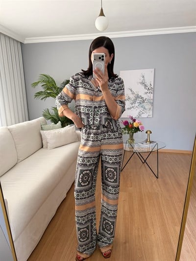 Nuria Saten Dokulu Desenli Takım