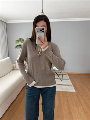 Önü Düğmeli Vizon Rengi Triko