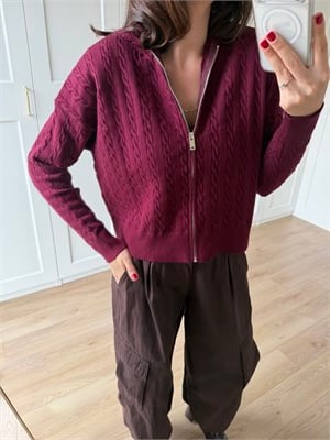 Örgü Model Triko Kapüşonlu Mürdüm Hırka